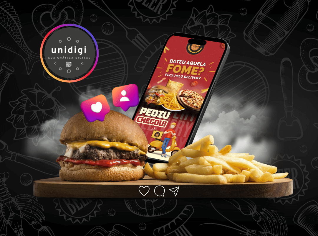 uma hamburguer com uma cardápio digital atras e ao lado batatas fritas, ao fundo tem uma fumaça e alguns detalhes que lembram o instagram